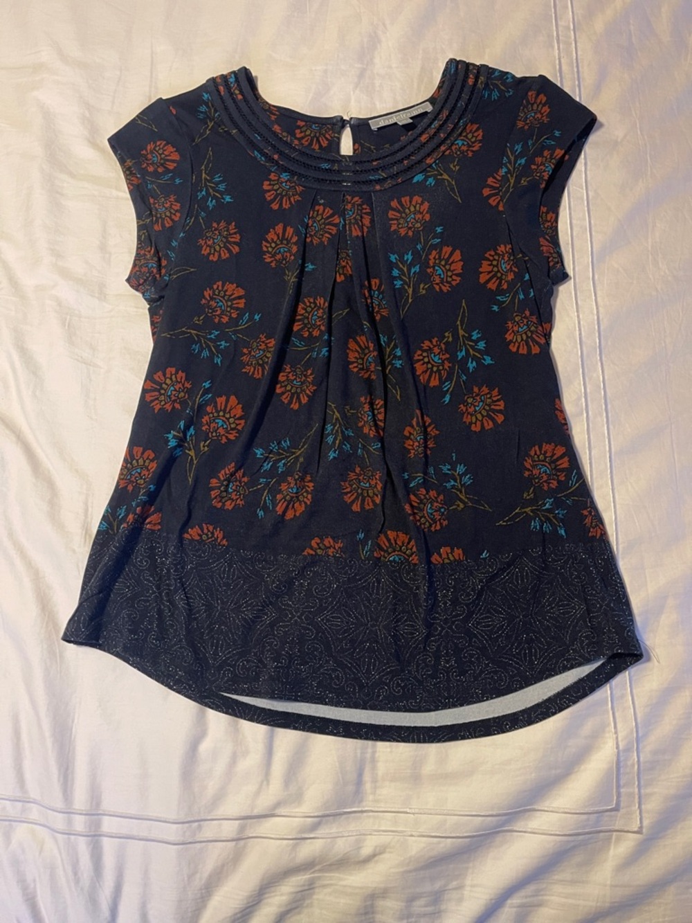 Daniel Rainn Navy Short-Sleeve Floral Pleated Tee